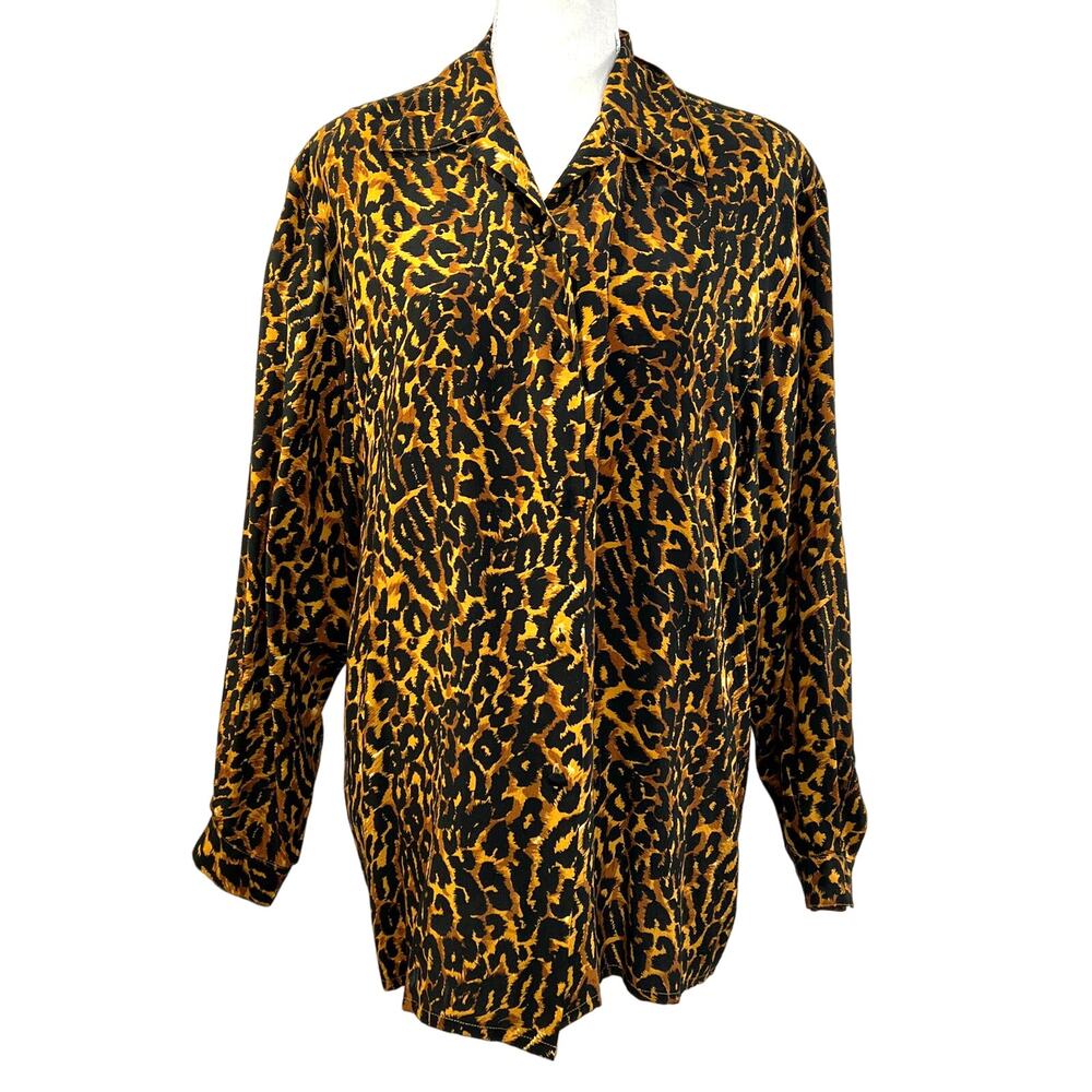 Vintage Silk Leopaed Print Button Down Shirt Long Sleeves Blouse
